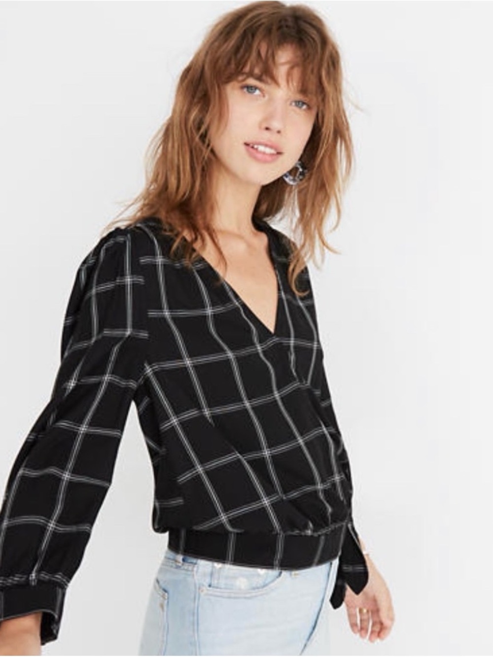 Madewell Black Windowpane V-Neck Wrap Blouse